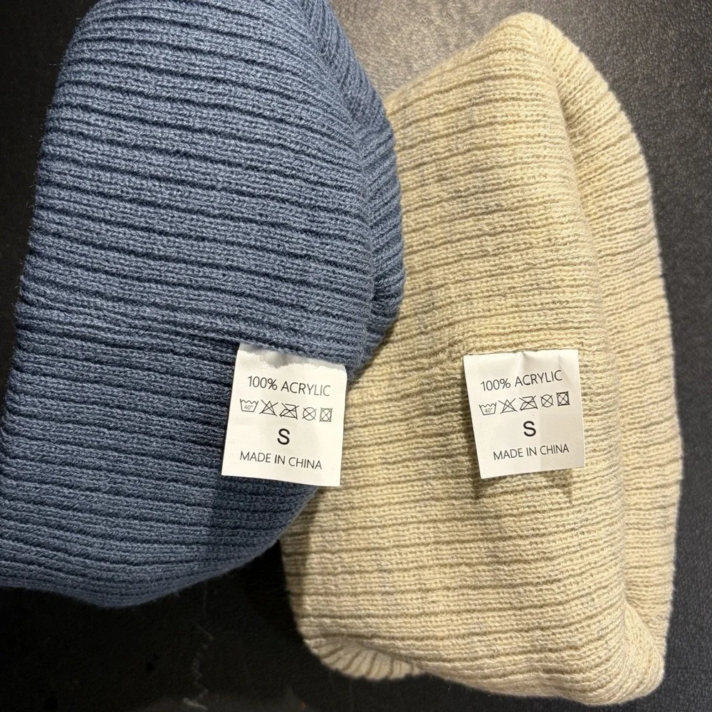 Moon Kitty Rib‎ Knit Cuffed Beanie Hat Blue Oatmeal Winter Cap Unisex 2 Pk Small